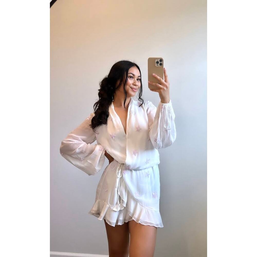 Rococo Sand Stellar Georgette Short Dress in White Small Long Sleeve Sequins